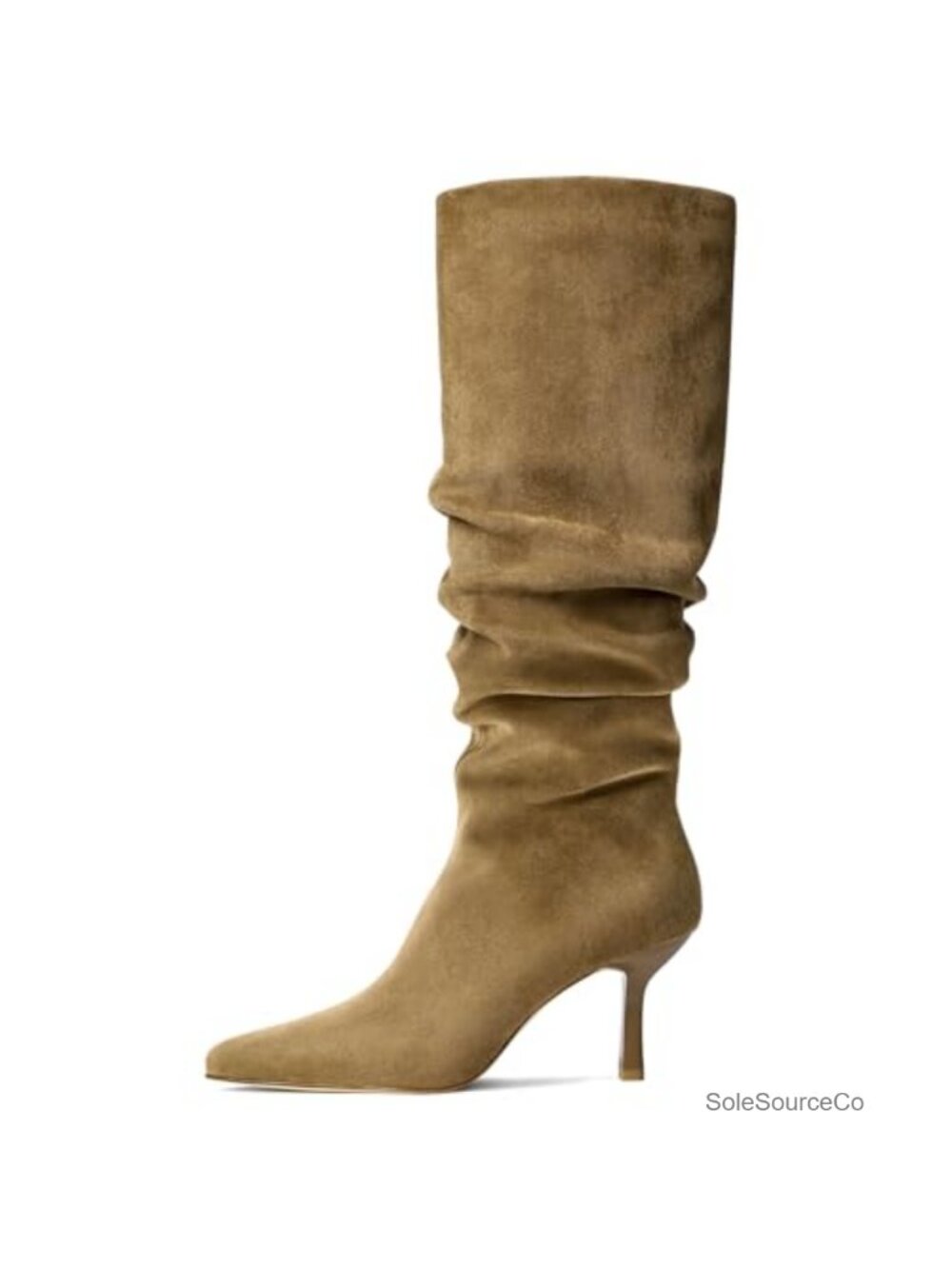 Knee High Boots Women Faux Suede Ruched Pointed Toe Kitten Heel Zip